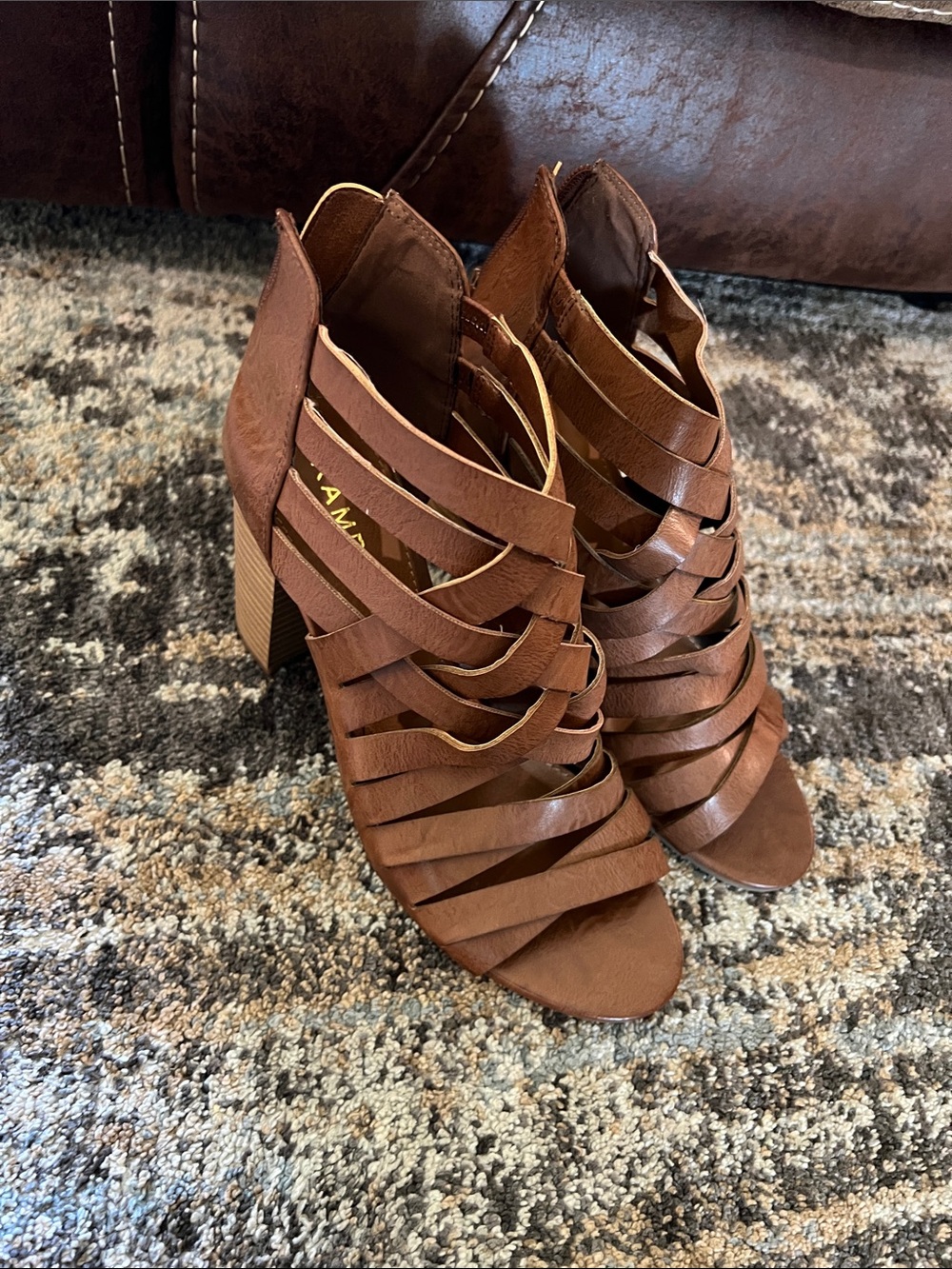 Rampage Cognac Strappy Block Heel Sandals